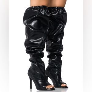 AZALEA WANG Black Leather Open Toe Slouchy Thigh Boots